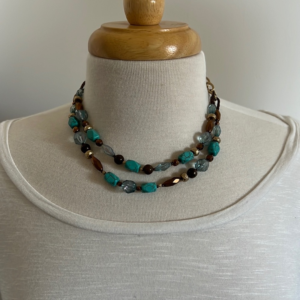 Turquoise and bronze beaded necklace with gold back